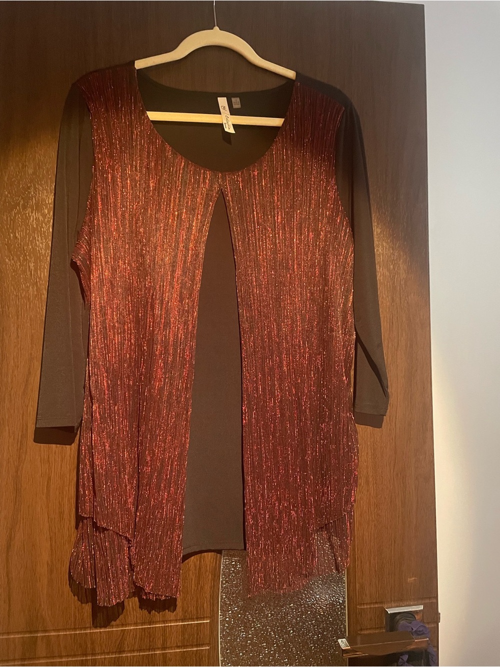 NY Collection Red Metallic Open-Front Tunic Cardigan
